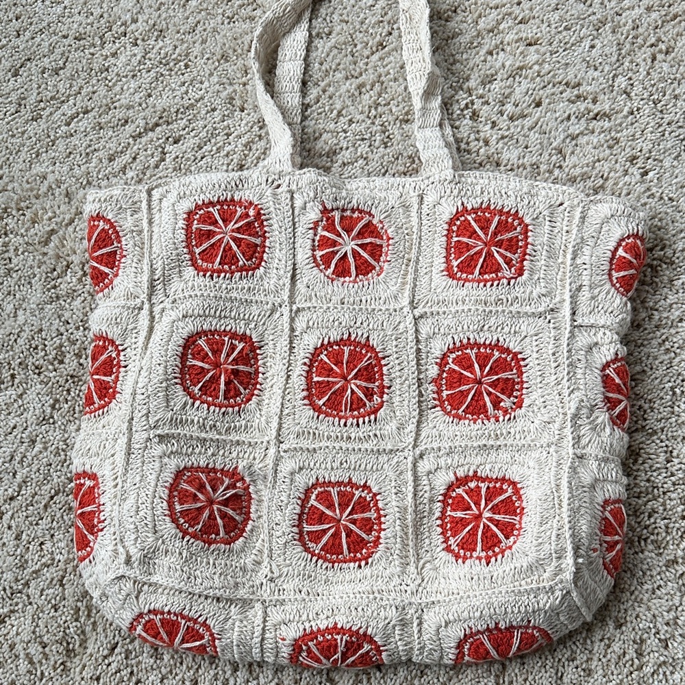 Artisan Crochet Tote Bag - Red and Cream citrus